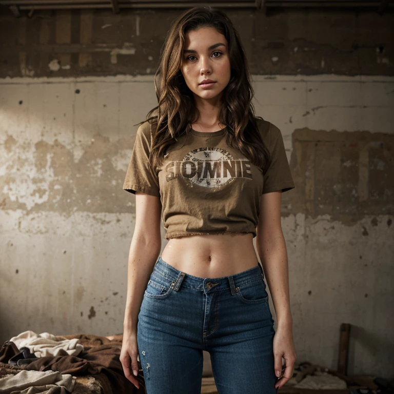 Realistic photograph, American woman, real beautiful woman, Caucasian woman, 24 year old woman, brunette, short wavy hair, brown eyes, skinny woman, apocalypse, shirt, jeans, dirty clothes