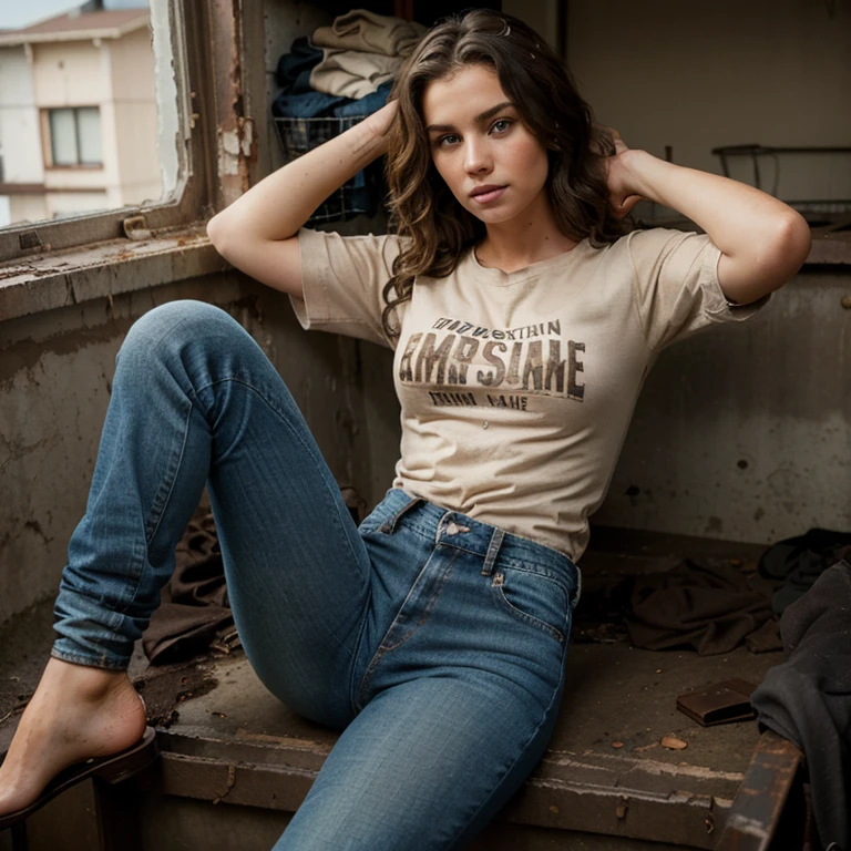 Realistic photograph, American woman, real beautiful woman, Caucasian woman, 24 year old woman, brunette, short wavy hair, brown eyes, skinny woman, apocalypse, shirt, jeans, dirty clothes