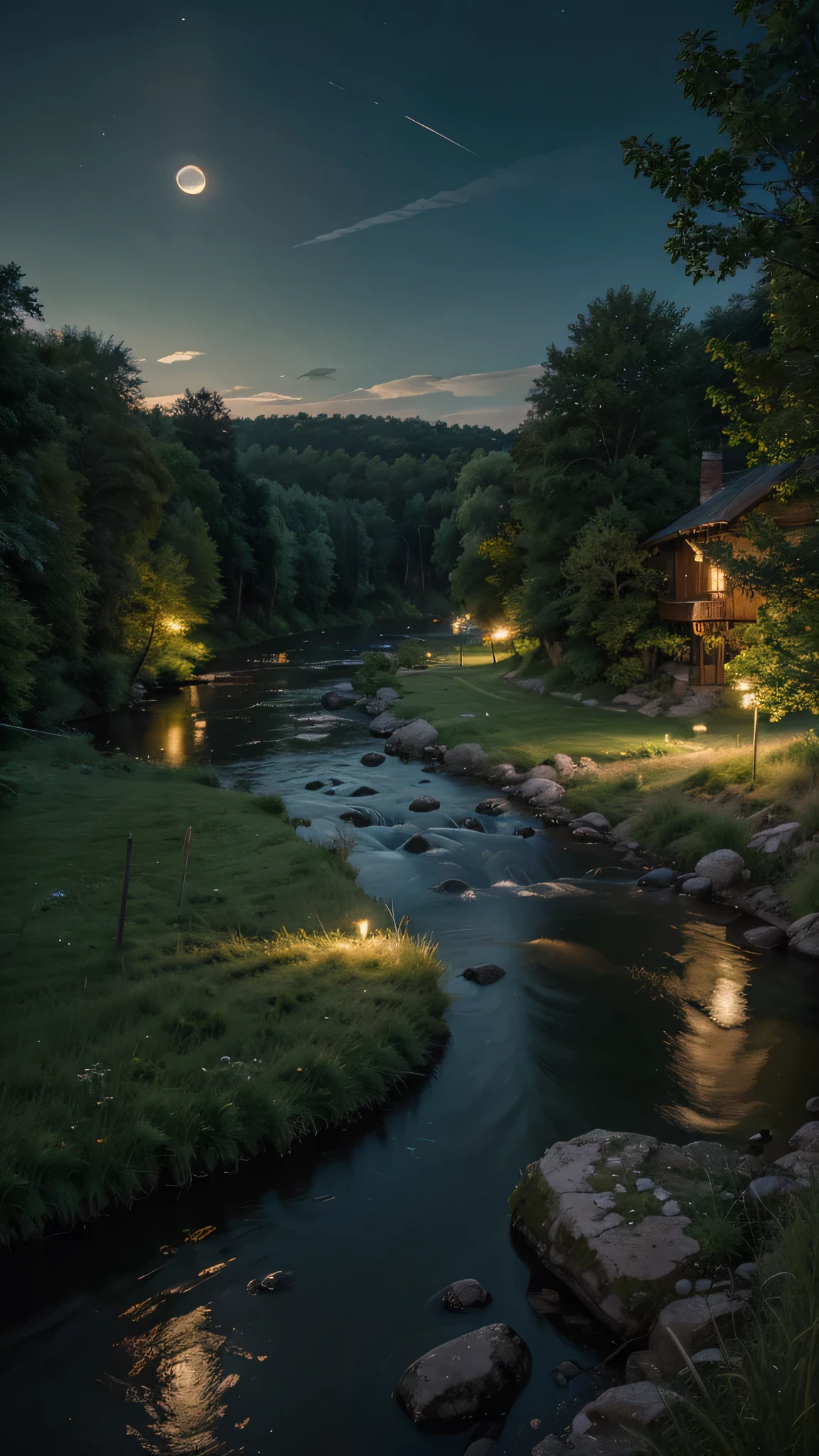 (masterpiece),(highest quality:1.0), (Ultra-high resolution:1.0), Detail view, 8k, Realistic scenery, forest, green leaves everywhere, luscious grass, river, Rural landscape,night,moonlight