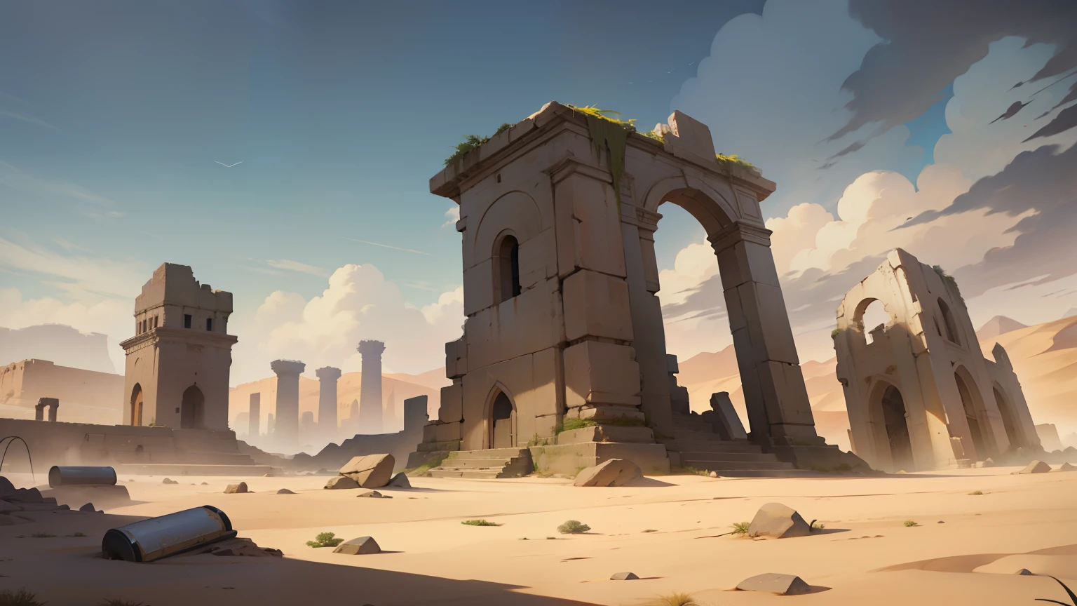 there is a photo of a desert with a tower in the middle, EPIC BUILDING IN THE DESERT, templo do deserto, arte conceitual de meio ambiente, estilo andreas rocha, Arte conceitual digital suave, arte conceitual de pintura digital, pictorial conceptual art, estilo de arte conceitual, por Aleksander Gine, Landscape of ruins, arte conceitual digital de alta qualidade, meio ambiente e arte conceitual, FUTURISTIC CITY IN RUINS