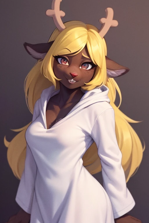 noelle, furry female anthro, deer girl, black eyes, portrait, (crazy eyes, wide-eyed:1.2), (crazy smile:1.2), white robe, hooded robe, solo, (body fur:1.2), (best quality), (dark misty dream background:1.2), medium breasts, darkness, (detailed fluffy fur:1.1), looking at viewer, 