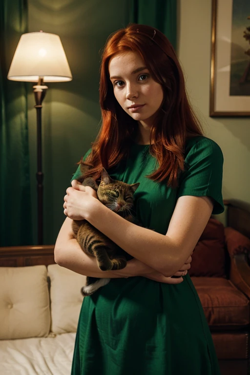 girl with red hair, in a luxurious green dress, holding a cat in his arms