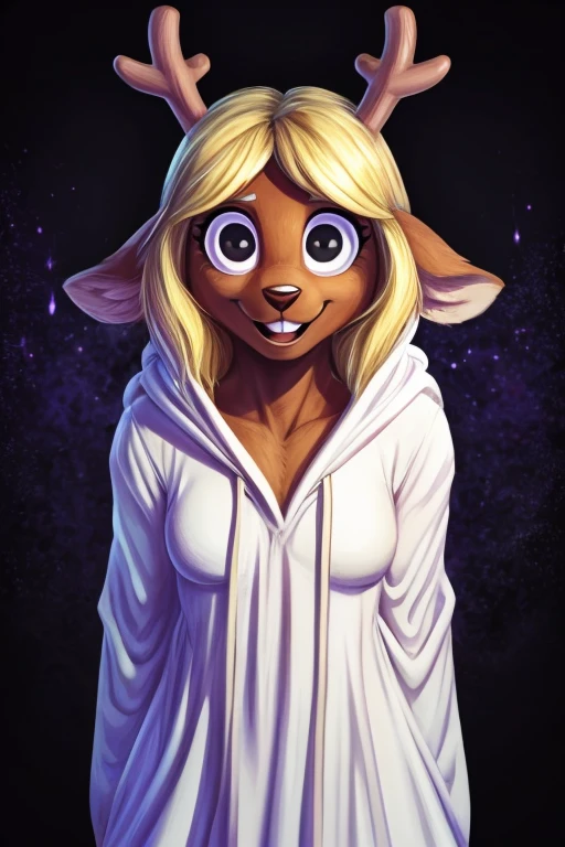 noelle, furry female anthro, deer girl, black eyes, portrait, (crazy eyes, wide-eyed:1.2), (crazy smile:1.2), white robe, hooded robe, solo, (body fur:1.2), (best quality), (dark misty dream background:1.2), medium breasts, darkness, (detailed fluffy fur:1.1), looking at viewer,