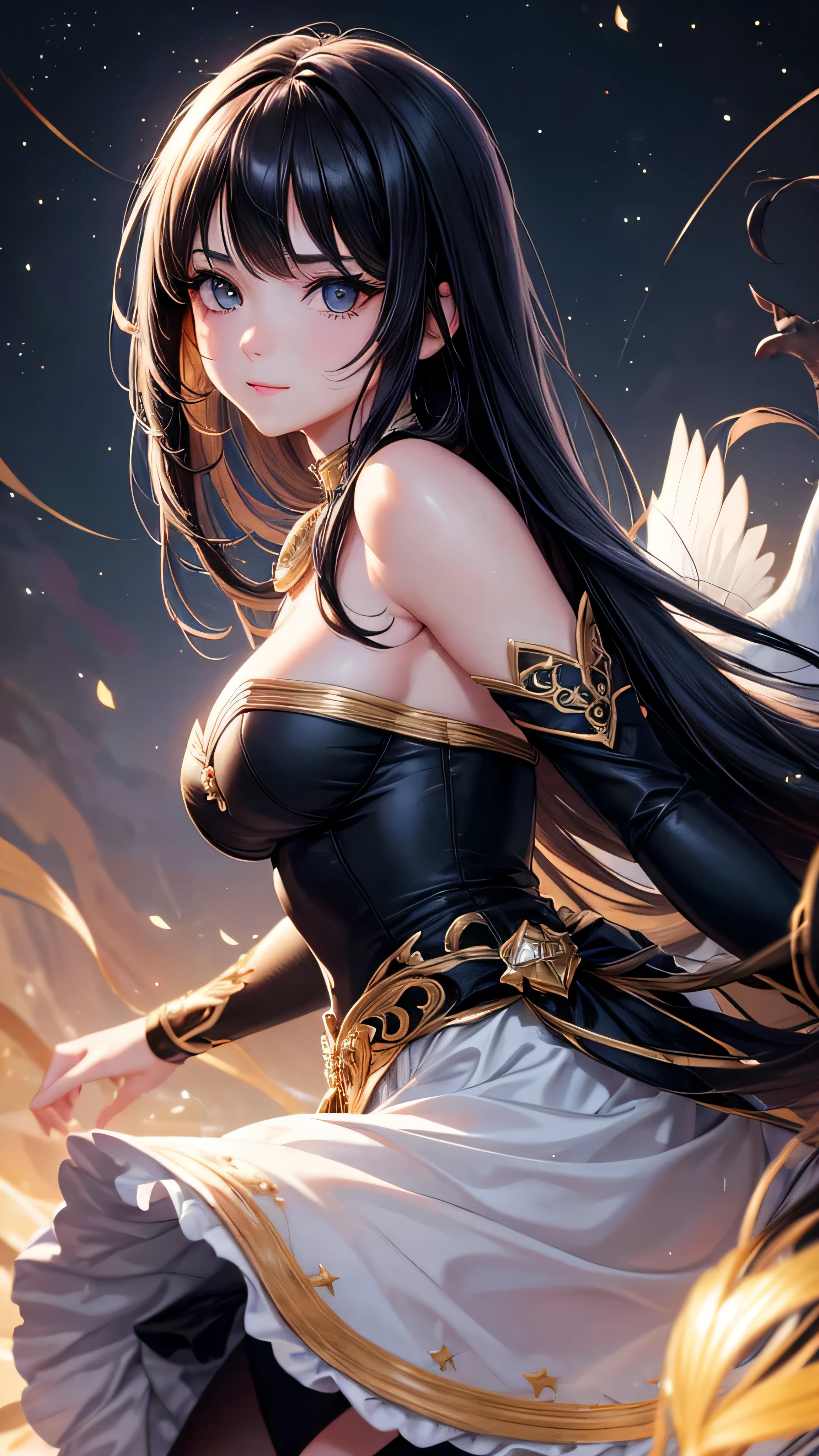 Pixiv artwork, handsome girl, goose egg face, big eyes, long eyelashes, bangs, cool handsome, domineering, exquisite (life-life realistic style), extreme face, photorealistic light and shadow, starry eyes, draped in scattered black long hair and waist, (flowing hair) shiny jewelry, (black starry sky background), upper body background, wearing a sparkling yellow skirt, breasts, swan neck, looking back, beautiful, extremely high quality, cinematic graphics, high quality CG, 8K resolution. smile