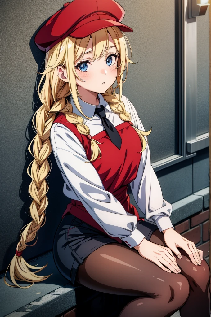 a dark haired anime character wearing red clothing sitting down against a wall, 1girl, solo, hat, pantyhose, braid, sitting, blue eyes, blonde hair, red headwear, twin braids, looking at viewer, shirt, long hair, black pantyhose, white shirt, blush, shorts