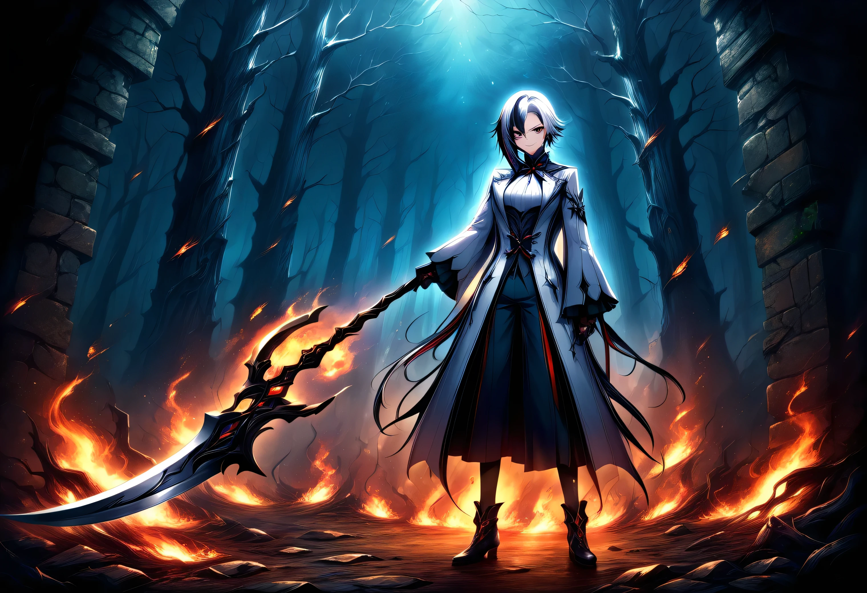 score_9, score_8_up, score_7_up, score_6_up, source_anime, arlecchino gi, x-shaped pupils, white hair, black hair, short hair, multicolored hair, holding a scythe, holding scythe, maniac smile, full body view, burning forest, (highres), (studio lighting), (vivid colors), (concept artists), (dark, fiery color palette), (enchanting and dramatic lighting)