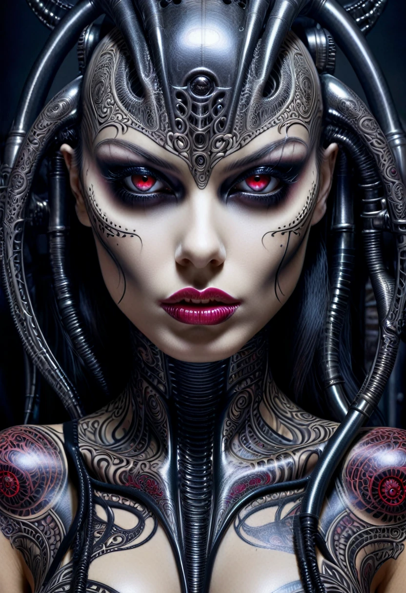 Hr giger tattooed sexy seductive dead girl, perfect face, hyper detailed ruby eyes, half portrait,