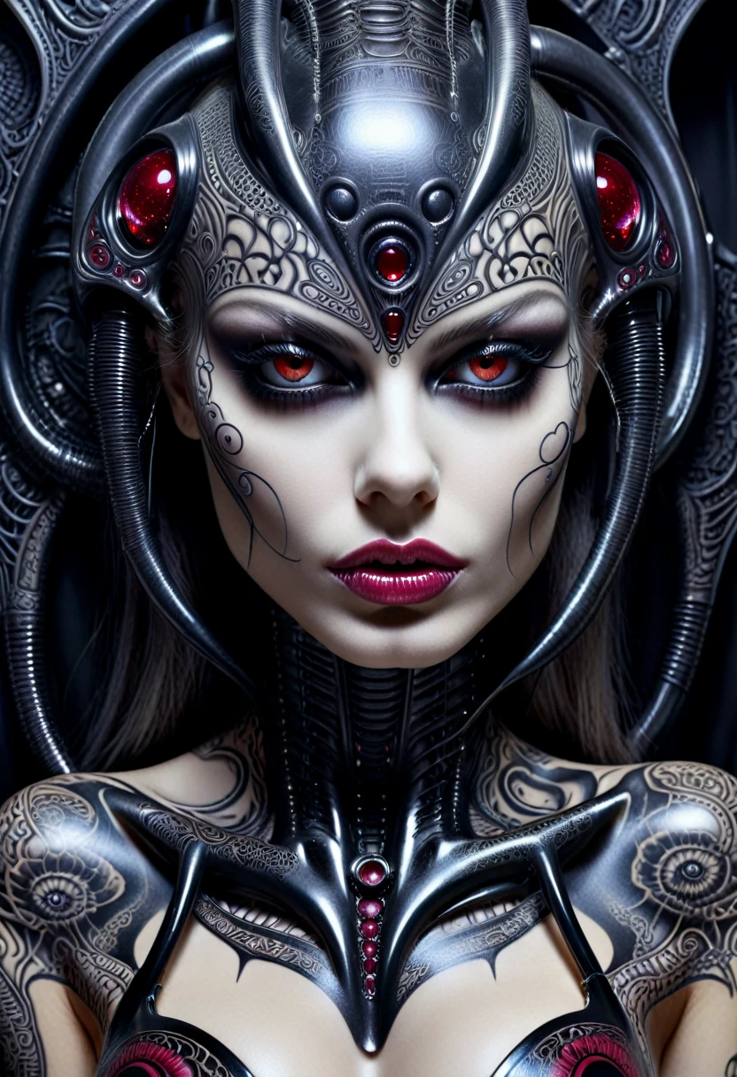 Hr giger tattooed sexy seductive dead girl, perfect face, hyper detailed neon ruby eyes, full body view,