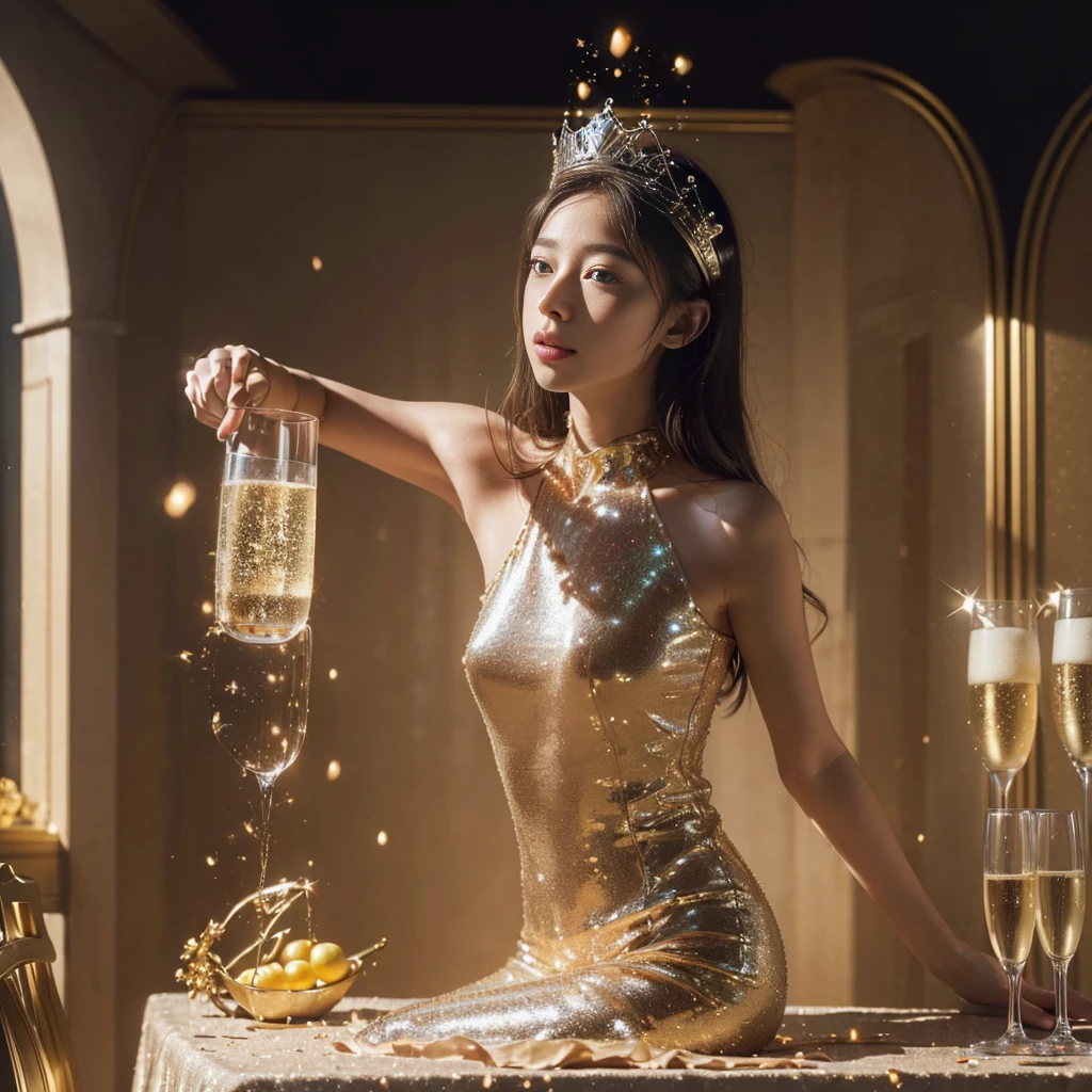(((nffsw))), (((On the table))), (((8k))), (((high resolution))), (((Surrealism))), (((Movie Lighting))), Divine Light, Zoom layer, (((full-body shot))), F/4.0, Canon, Glowing skin,Delicate skin,Delicate face, Delicate eyes, Champagne Goddess , luxury,  Champagne confetti, Transparent Champagne Silver Dress , Champagne crown, holding champagne in hand, Champagne glass tower