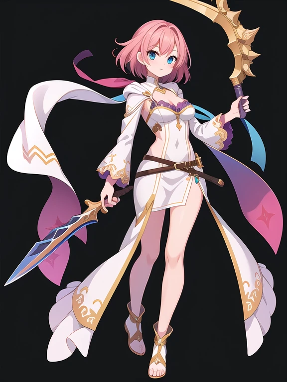 (stand posture), cute eyes, adult woman,, solo, high fantasy outfits, ((white background)), (full body), holding weapon,
