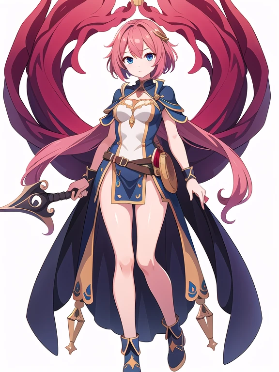(stand posture), cute eyes, adult woman,, solo, high fantasy outfits, ((white background)), (full body), holding weapon,