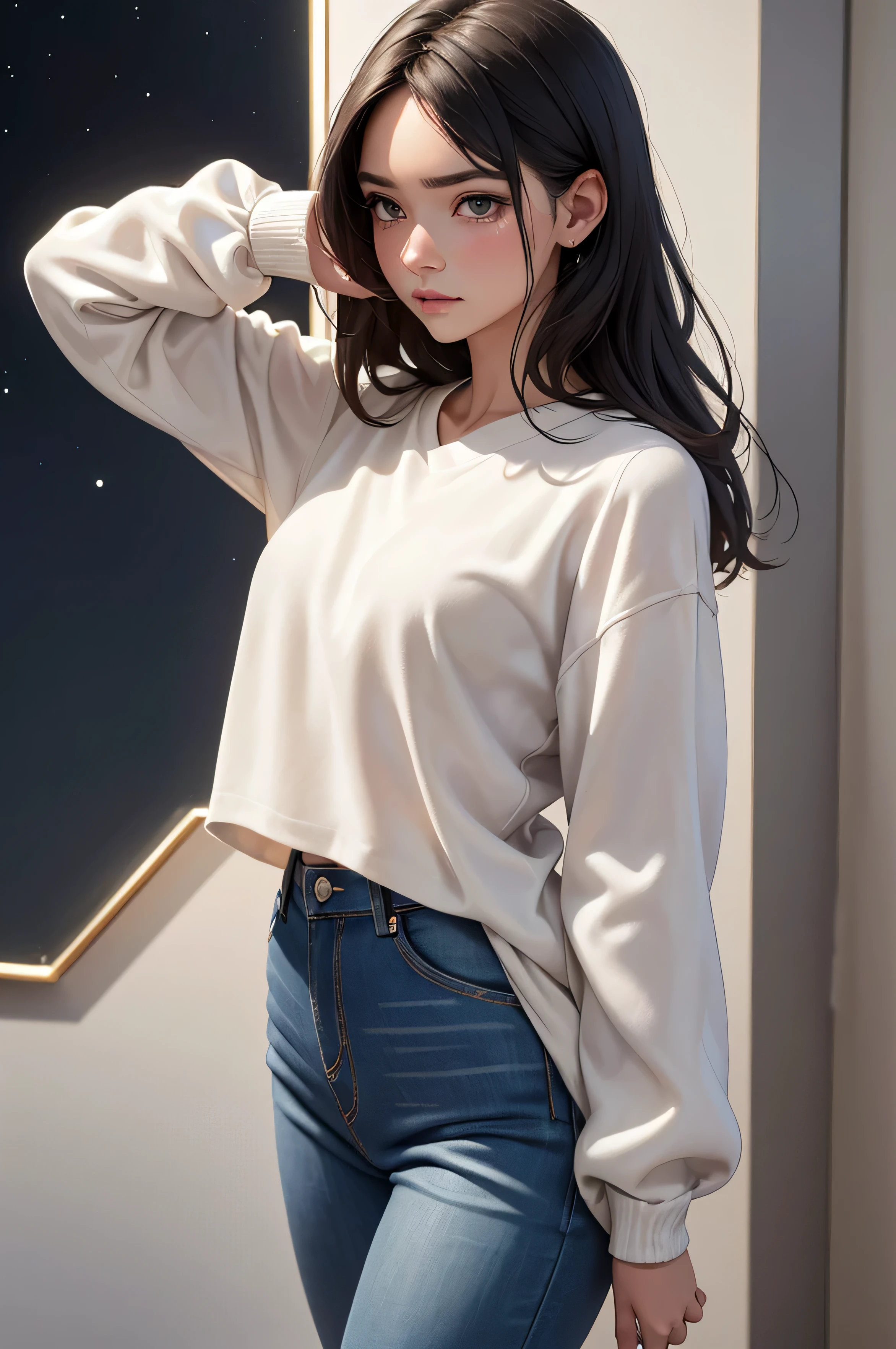 a woman in a white shirt and red pants is playing video game, simple style, wearing elegant casual clothes, muted red, simple clothes, milk and red style, casual clothing style, modern fashion outfit, wearing a fisher , casual modern clothing, inspo, red clothes, red pants, neutral tones, rred and white color scheme, casual business outfit, cute face, nike shoes, 17 years old, adult face, ((waist length wavy hair)), ((brownish black hair)) and ((gleaming detailed grey coloured eyes)), slim frame, small breasts, long legs, slim figure, soft features, slightly wavy hair, British women