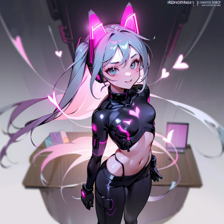 Hatsune Miku, from the front, wearing a complex, Cyberpunk-style, black, shiny and tight-fitting costume that reveals the silhouette of her body, with a white, loose, short-sleeved, wide-necked t-shirt, with a print of pink hearts on the center, and which reaches to his abdomen, with a pink and futuristic belt on his abdomen, he wears loose, wide pants, with many pockets, sporty and beige in color, he wears white boots, with pink laces On her head she wears headphones shaped like cat ears, black and with neon colored lights, she smiles sexy, she has small breasts, a small waist, wide hips, round butt and soft legs. She is seen from above in a dynamic, sexy and erotic pose, with a dark background, with futuristic lights and a cyberpunk aesthetic, (CINEMATIC LIGHTS), (ULTRA HD), (FULL HD), (8K), (BEAUTIFUL FACE) ,(SUPER DETAILED FACE),(HIGH QUALITY IMAGE).