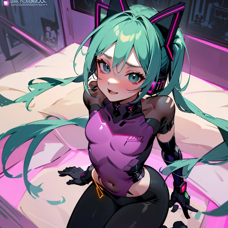 Hatsune Miku, from the front, wearing a complex, Cyberpunk-style, black, shiny and tight-fitting costume that reveals the silhouette of her body, with a white, loose, short-sleeved, wide-necked t-shirt, with a print of pink hearts on the center, and which reaches to his abdomen, with a pink and futuristic belt on his abdomen, he wears loose, wide pants, with many pockets, sporty and beige in color, he wears white boots, with pink laces On her head she wears headphones shaped like cat ears, black and with neon colored lights, she smiles sexy, she has small breasts, a small waist, wide hips, round butt and soft legs. She is seen from above in a dynamic, sexy and erotic pose, with a dark background, with futuristic lights and a cyberpunk aesthetic, (CINEMATIC LIGHTS), (ULTRA HD), (FULL HD), (8K), (BEAUTIFUL FACE) ,(SUPER DETAILED FACE),(HIGH QUALITY IMAGE).