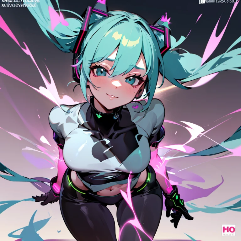 Hatsune Miku, from the front, wearing a complex, Cyberpunk-style, black, shiny and tight-fitting costume that reveals the silhouette of her body, with a white, loose, short-sleeved, wide-necked t-shirt, with a print of pink hearts on the center, and which reaches to his abdomen, with a pink and futuristic belt on his abdomen, he wears loose, wide pants, with many pockets, sporty and beige in color, he wears white boots, with pink laces On her head she wears headphones shaped like cat ears, black and with neon colored lights, she smiles sexy, she has small breasts, a small waist, wide hips, round butt and soft legs. She is seen from above in a dynamic, sexy and erotic pose, with a dark background, with futuristic lights and a cyberpunk aesthetic, (CINEMATIC LIGHTS), (ULTRA HD), (FULL HD), (8K), (BEAUTIFUL FACE) ,(SUPER DETAILED FACE),(HIGH QUALITY IMAGE).