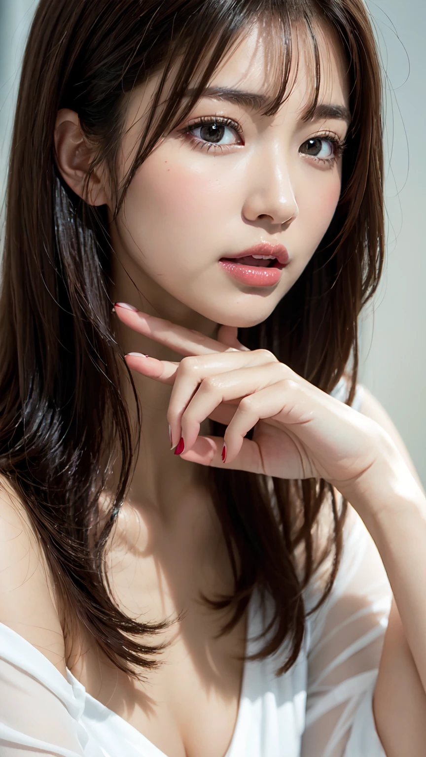 1 female, close up of face, Medium chest, light brown hair, dull bangs, hair behind the ear, shoulder hair, long hair, slender body shape, Extra-fine face, thin face, delicate lips, beautiful eyes, light blush, eyes are light brown, perfect shiny skin, perfect skin, Shining sweat,take a look here, ultra thin hands, extra thin fingers, Optimal ratio of 4 fingers and 1 thumb, (realistic:1.3), finger extension, see-through white blouse, The rotor is inside the vagina, ecstasy face, climax expression, View viewer, ((I can not stand it:1.5)), fujifilm, f/1.2, 8K, table top, nffsw, Super detailed, high quality, 最high quality, High resolution,