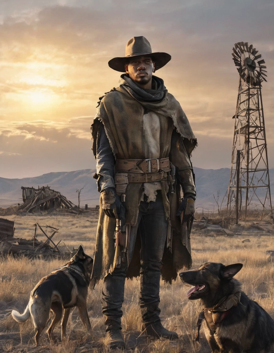 Mutant ghoul clothed in tattered poncho, cowboy hat set on desolate post-apocalyptic landscape, Winchester rifle draped across shoulder, loyal shepherd dog flanking, elongated shadows cast by the setting sun, dilapidated ruins lining the horizon mirroring "Fallout" game aesthetic, dramatic lighting, hyper-detailed, cinematic. color palette reminiscent of "Fallout"