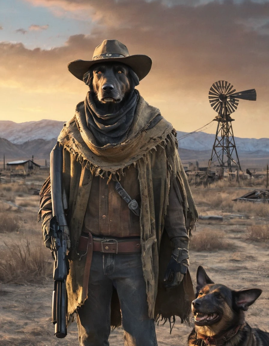 Mutant ghoul clothed in tattered poncho, cowboy hat set on desolate post-apocalyptic landscape, Winchester rifle draped across shoulder, loyal shepherd dog flanking, elongated shadows cast by the setting sun, dilapidated ruins lining the horizon mirroring "Fallout" game aesthetic, dramatic lighting, hyper-detailed, cinematic. color palette reminiscent of "Fallout"