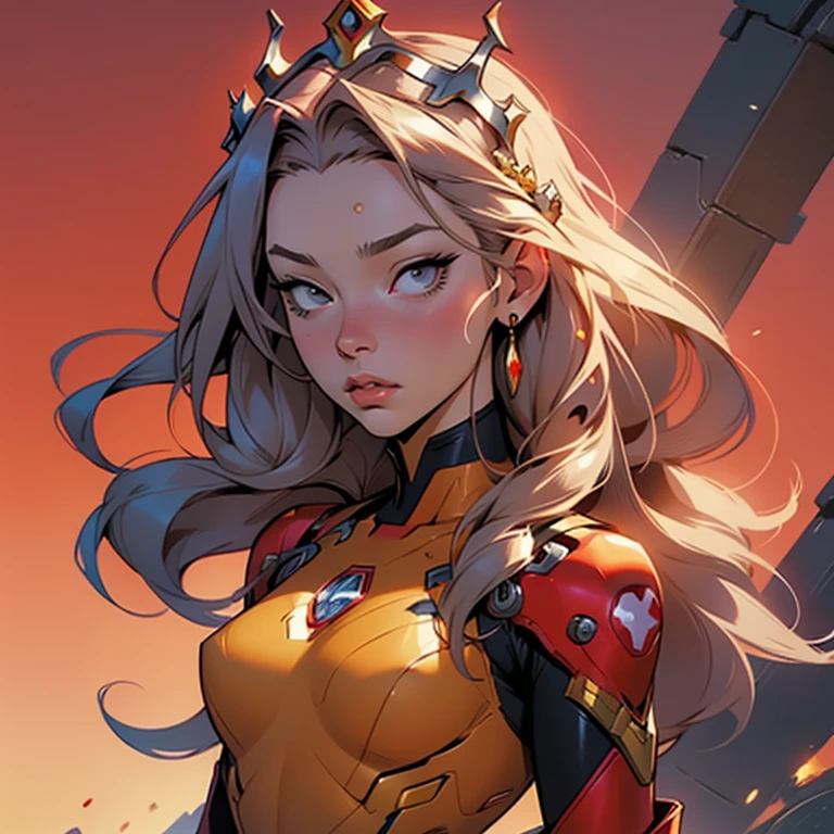 a woman in a red and gold costume flying through the air, phil noto comicbook cover art, mobile legends, telegram sticker, female medusa long hair, crystal crown, by Dong Qichang, oz series, stark, art for the game, h 1 0 2 4, j. scott campbell, metaverse
