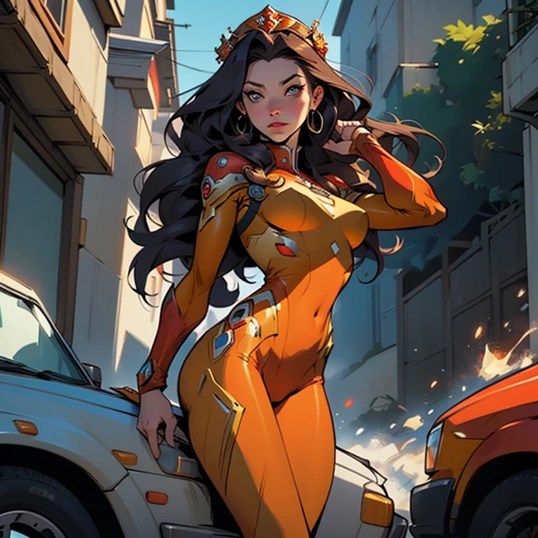 a woman in a red and gold costume flying through the air, phil noto comicbook cover art, mobile legends, telegram sticker, female medusa long hair, crystal crown, by Dong Qichang, oz series, stark, art for the game, h 1 0 2 4, j. scott campbell, metaverse