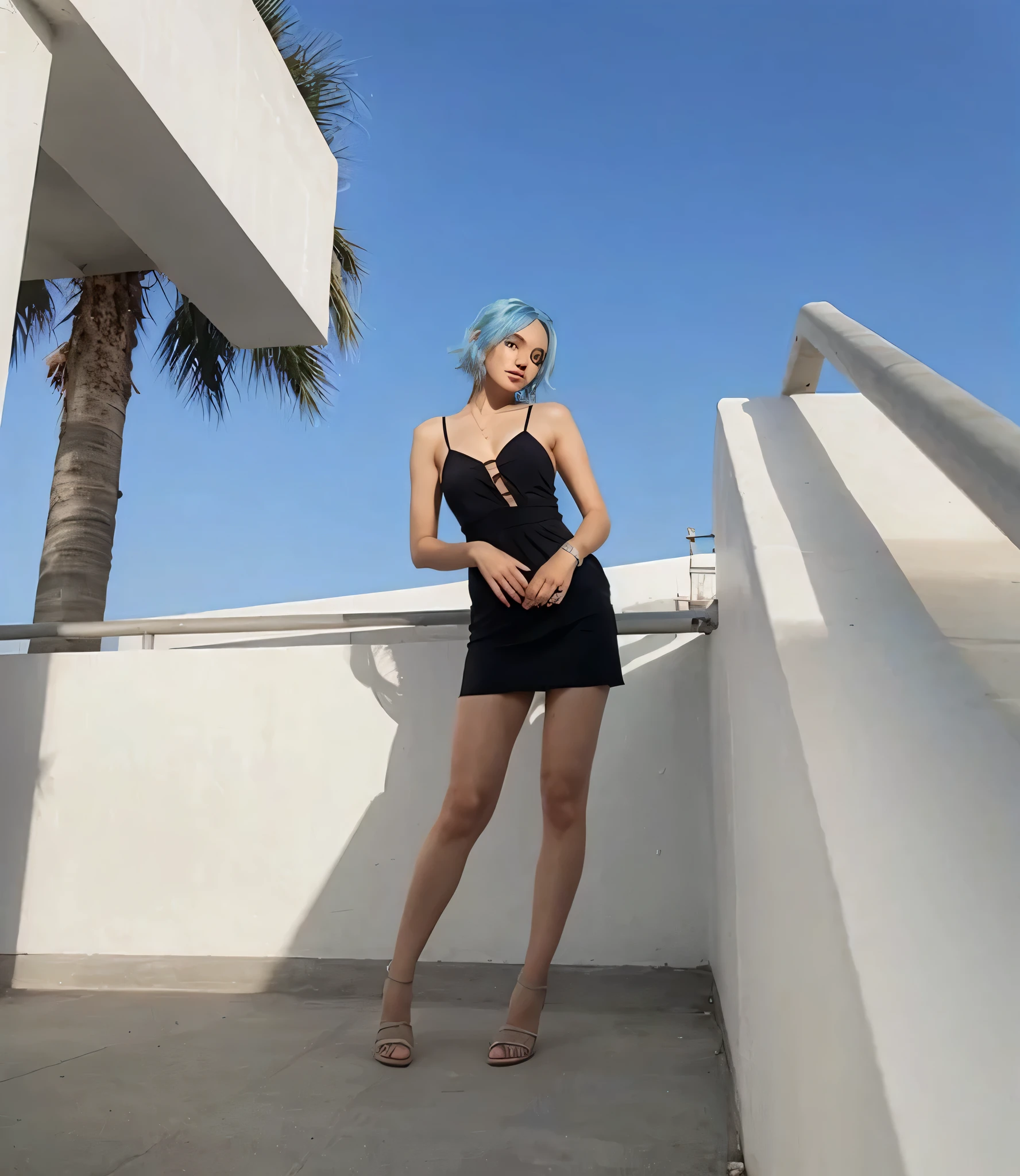 short wavy light blue hair and brown eyes.
