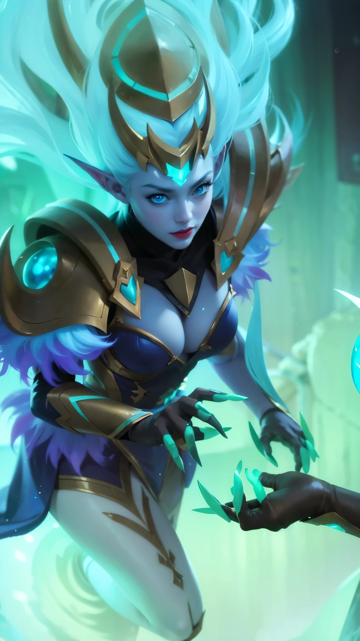 (female:1.2), 8k, ultra hd, ultra detailed texture, hyper realistic, masterpiece, detailed texture, detailed face, detailed skin, detailed lighting, (photorealistic:1.5), best quality, beautiful lighting, cinematic lighting, professional lighting, ultra highres, realistic, detailed hair, real hair, high quality, (realskin:1.5), extremely detailed, finely detail, ultra-detailed, 1girl, solo, elf, pointy ears, standing, demon horns, forehead protector, (blue eyes:1.5), v-shapped eyebrow, lips, red lips, evil smile, nose, make up, pretty, beautiful, long hair, blue hair, high ponytail, large breasts, cleavage, armpit, navel, stomach, black armor, pauldrons, bare shoulders, shoulder armor, thigh high, sleevless, detached sleeves, breastplate, gauntlets, karina \(mobile legends\), depth of field, looking aways, white skin, skin tight, amazing pose, outdoors, glowing, dark view