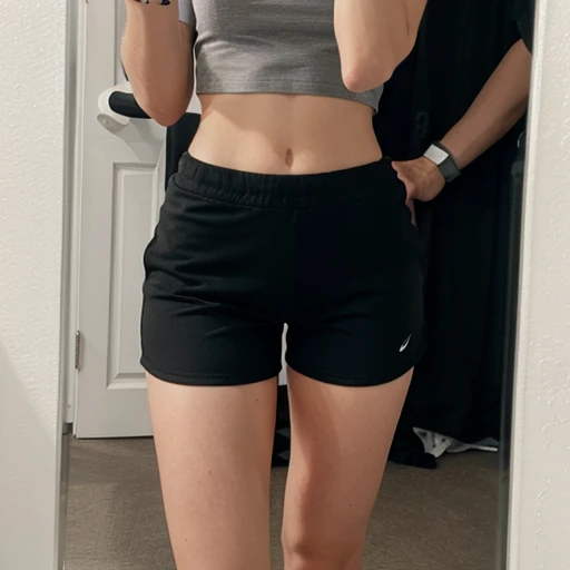 Selfie, white girl, standing, gray t-shirt, black sports shorts, clean background, ((body selfie)), iphone, clean background
