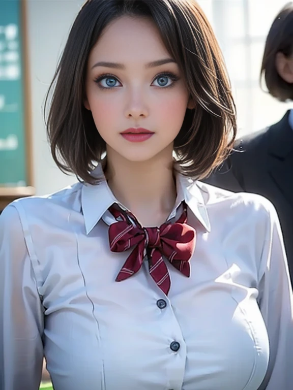 (best quality, 8k, photorealistic:1.5), (solo, one girl:1.5),(shine a bright light on women),(ultimate beautiful girl),(shiny skin),(oily skin),(blonde hair:1.3),(short hairstyle:1.3),(cool beauty),Blush brown makeup , dark eye makeup , use pink glossy lipstick,(big beady eyes girl:1.5),(droopy eyes girl:1.5),(blue eyes:1.5),(thin girl:1.5),(baby face girl:1.5),(sex appeal),(sweet smelling girl),(she works for low wages),(kind-hearted woman),(she has a nice smile),(woman with a happy look),(she is very sociable),(from a very poor family),(virgin girl),(She is a secret pervert.),(she covertly lewd),(she looks so erotic),chuuChloe,(woman with very soft breasts),(woman fantasizing about sex),(allurement),(impressive eyes:1.5),(clean girl),(affability),(cute smile),(good personality),(serious personality),(wants sex),(want to masturbate),(want to have sex forcibly),(relaxing time),(hair ornaments),(compassion),(impurity),(love filled),(get horny),(No love experience),(private room),(teenager),(school uniform costume play:1.5)