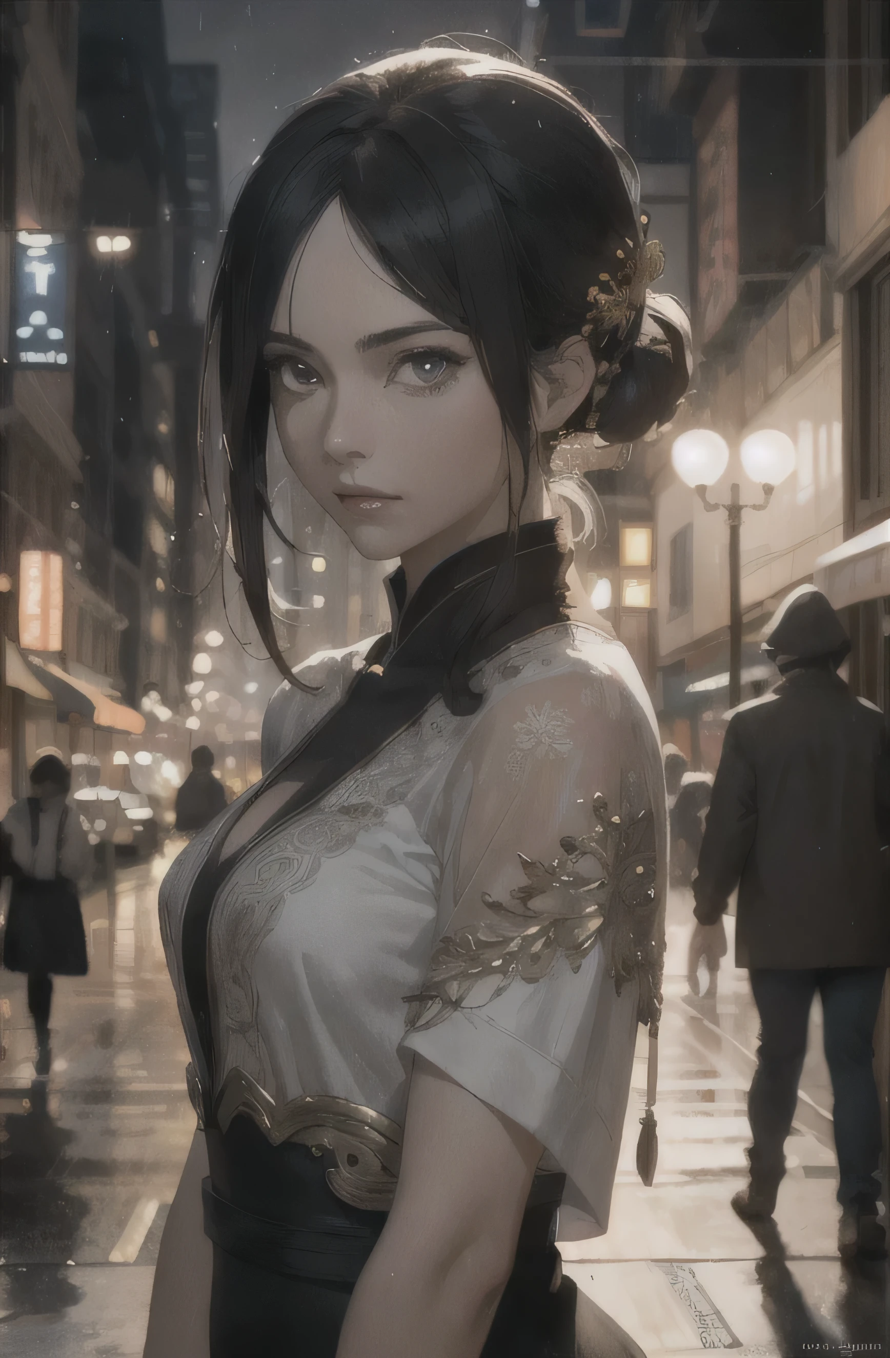raining night,city,A beautiful woman in wearing on the bustling streets of Gintama, surrounded by vendors, beautiful portrait of a stunning goddess girl, beautiful detailed face,princess eyes,round pupils,(((symmetrical eyes))), porcelain skin, half body shot,closeup of portrait,centered, ultra soft lighting, symmetry, intricate, elegant, highly detailed, photorealistic, artstation, concept art, smooth, as imagined by greg rutkowski and borris vallejo, cover, vogue style