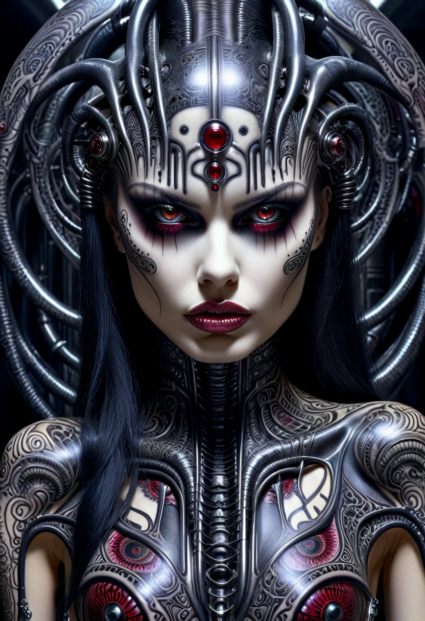 Hr giger tattooed sexy seductive dead girl, perfect face, hyper detailed ruby eyes, full body view,