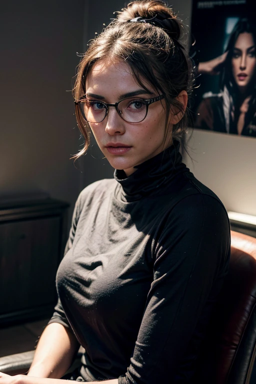 an alluring and beautiFul Female :1.1, she sits in Front oF her (Flash-art wall:1.4), (elle porte d'thick dark frame glasses, black t-shirt with anime graphic print, dark jeans, bandana dans les cheveux, a drilling) and looks intently at the camera (studio neon:1.1), smoky, (Rembrandt Lighting:0.9) ,(séance photo intime et détendue), beautiFul Face, slight smile, intense presence , confortable et détendu, nous attraper, beautiFul hands, des yeux gentils, superb warm lighting:1.4,, incredible details, ((high contrast)), (profond, ombres les plus sombres), (Details of the'ombre:1.0), ((prise avec un appareil photo Leica, Ouverture: F/2.3)) , hyper-Realistic skin, pores, Cicatrice, taupe, (she has dark hair pulled away From Face, tidy bun), maquillage des yeux charbonneux, ses bras se sont détendus , moment de détente, glow of natural light, (Romantic light:1.2), peau radiante, perFectly Framed Face, perFect relaxed hands, perFect Fingers, (perFect portrait, des yeux incroyables:1.1), a work oF art, beautiFul composition, nombre d'or, inspirant, (highest quality Fabric texture), Every detail,Fine Facial Features – (la plus haute qualité) ,Leica camera Film, High quality ○○ detailed – ○○ ultra detailed details(Ultra-Fine ), PhotoRealistic, extremely detailed(extremely detailed) , (Image with plus details, lens Flare, Realistic)○○ resolution – ○○ ultra high resolution(Une haute résolution)