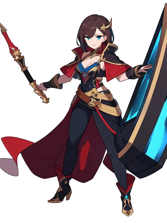 (stand posture), cute eyes, adult woman,, solo, high fantasy outfits, ((white background)), (full body), holding weapon,
