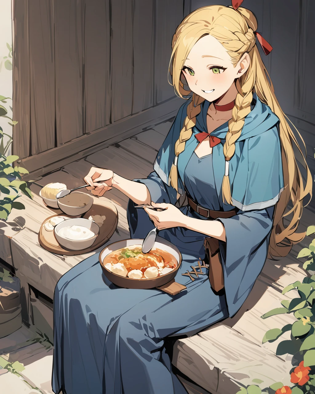 masterpiece, highest quality,One girl, alone, Blonde, 丸いElfの耳, Braiding, Elf, Long Hair, smile, Sandals, Robe, smile, Braiding, whole body, Open your mouth, Holding, belt, food, spoon, Sitting, dress, Wide sleeves, Holding spoon,eating,