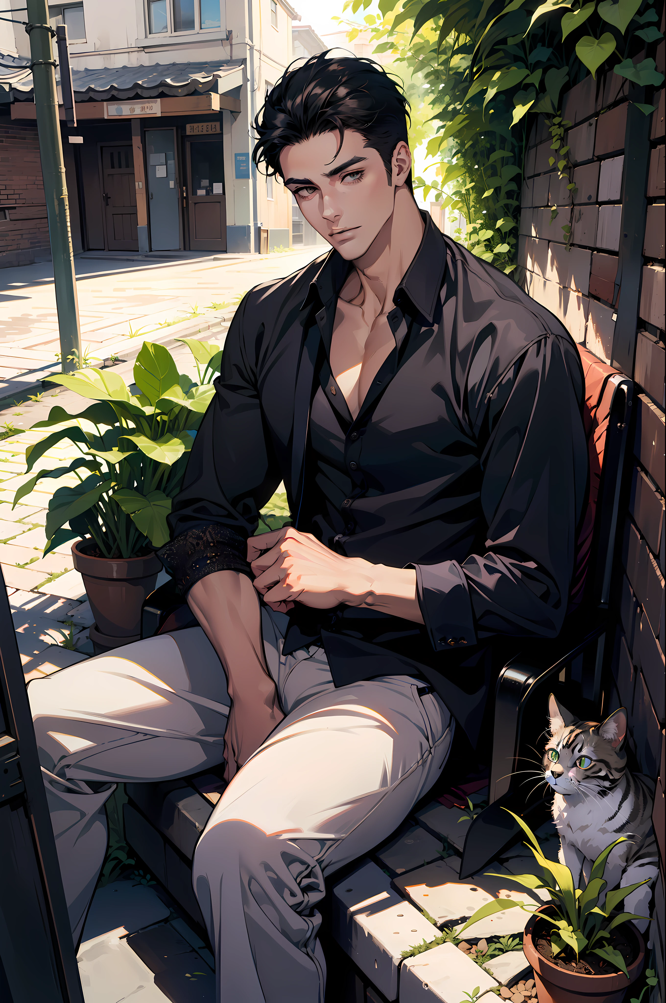 (absurdres, highres, ultra detailed), 1 male, handsome, tall muscular guy, very short hair, best ratio four finger and one thumb, best light and shadow, background is back alley, detasiled sunlight, sitting, Little cats are gathered next to him, dappled sunlight, day, depth of field, plants, summer, (dutch angle), closed mouth