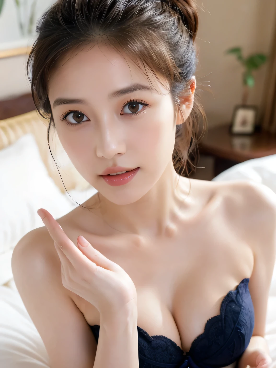 ((highest quality, 8k, masterpiece :1.3)), Sharp focus:1.2, Bright colors, Professional level, ((Bokeh effect)), Shallow depth of field,
((18-year-old female)), (A half Japanese, half Ukrainian woman), 1 person, A beautiful face with intelligence,
((On a glass bed in a luxury hotel, dim the lights, The light shines)),
((The large windows overlook the ocean horizon.:1.2)),
((Beautiful female announcer,Nogizaka Idol Face,A kind smile:1.5)),
((Gorgeous Earrings, Silver Necklace:1.2)),
((Erotic atmosphere, An erotic gaze that invites men:1.5)),
((Lying naked on the bed:2.0)),
((Touching the navy blue erotic low rise panties with your hands:2.0)),
((Finger touch to the nipple, Ahegao, Inserting into pussy in missionary position:1.5)),
Flexible body :1.3, Model Body Type:1.5, 頭w:1.4, Perfect Style:1.4,
Realistic skin texture, Fair skin, Shiny skin,
Narrow shoulders, Beautiful clavicle, Long, slender legs,
Highly detailed face, Slim face contour, Beautiful small face, Beautiful Nose,
Ultra-detailed eyes, Slit eyes, Brown eyes, double eyelid, Ultra-thin eyebrows, Thin, long eyelashes,
Ultra-detailed lips, Plump and moisturized lips, glossy pink lips, Flushed Cheeks, ((White beautiful teeth)),
Beautiful actress's ennui makeup, Pink lipstick, Smoky eyeshadow,
Dark Brown Hair, Delicate soft hair, Hair blowing in the wind,
(Put your hair up, Medium Short Hair, ponytail:1.2),
Layered Cut, (Blunt bangs:1.2),
Mouth half open, Attractive look, Looking into the camera,
((Sleep on your back)), (Full body image from thigh:1.2), Spotlight,
((Lift your face a little)),
((Chest to chest)),
((Squint your eyes)),
((Pursing your lips:1.2)),
((Blushing:1.2)),
((Flat Chest)),
((Beautiful little pink areola:1.2)),