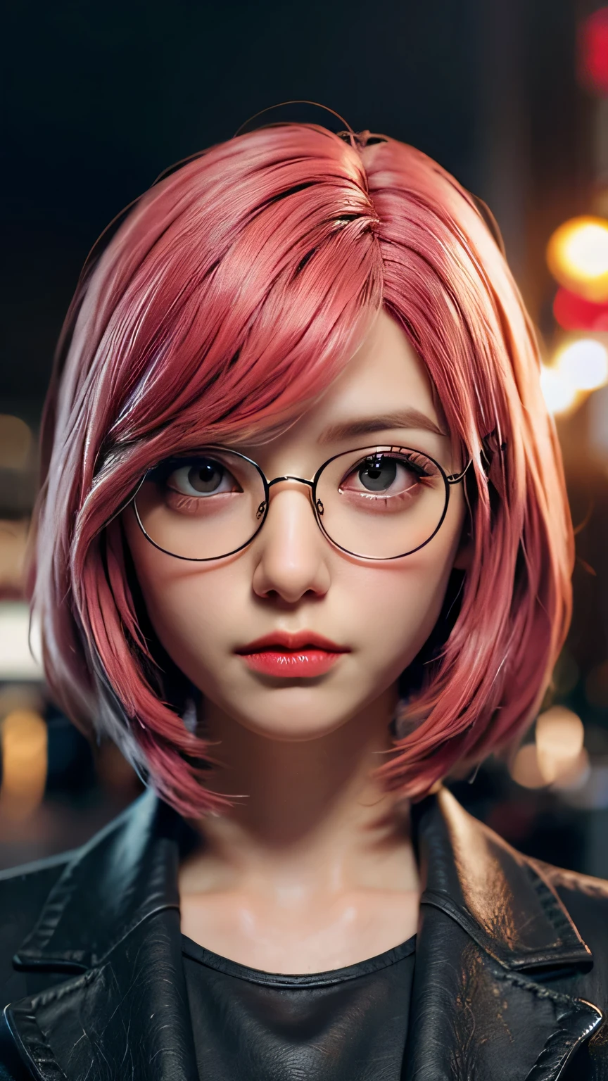 a girl with pink hair, round glasses, pink eyes