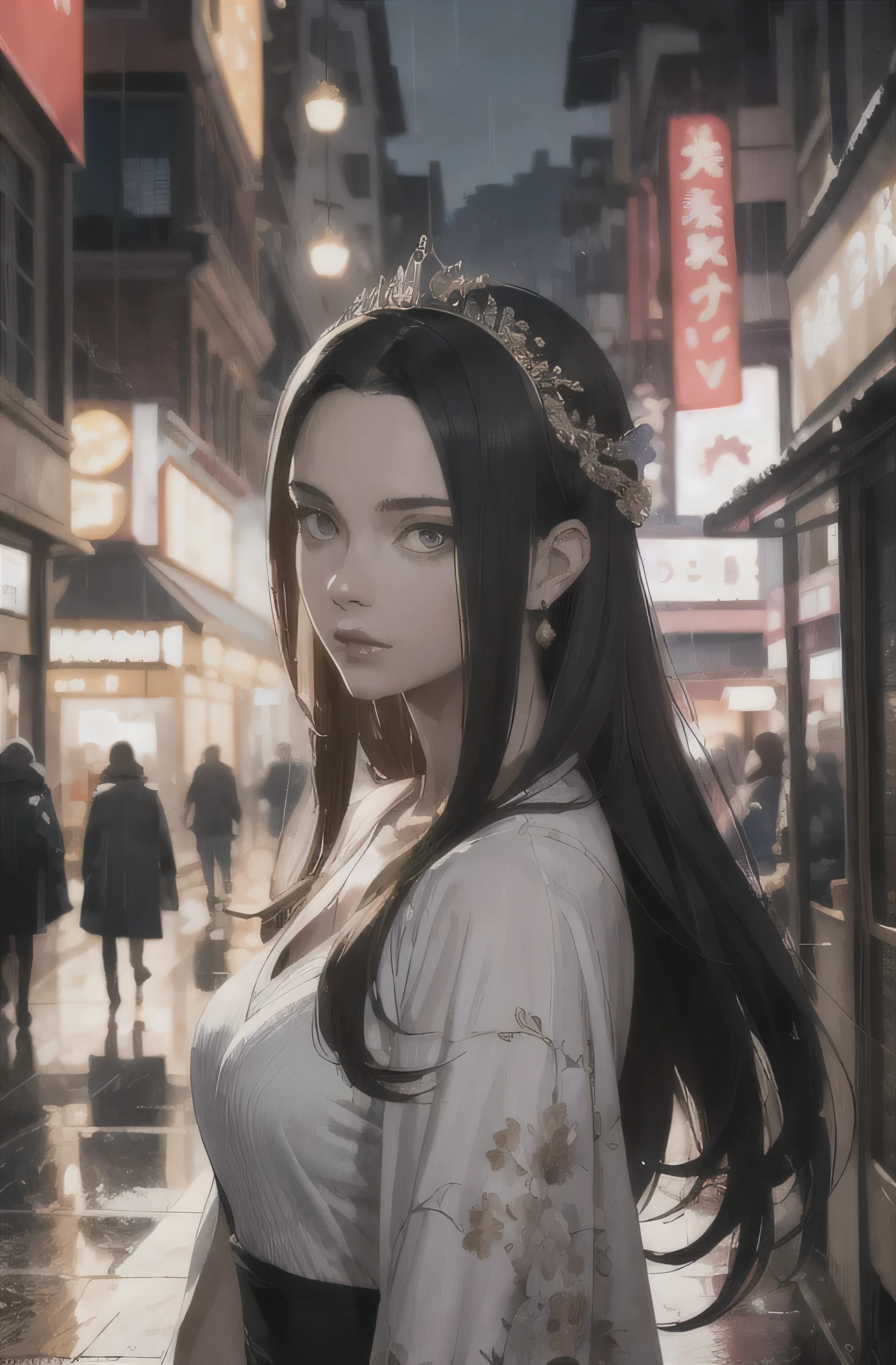 raining night,city,A beautiful woman in wearing on the bustling streets of Gintama, surrounded by vendors, beautiful portrait of a stunning goddess girl, beautiful detailed face,princess eyes,round pupils,(((symmetrical eyes))), porcelain skin, half body shot,closeup of portrait,centered, ultra soft lighting, symmetry, intricate, elegant, highly detailed, photorealistic, artstation, concept art, smooth, as imagined by greg rutkowski and borris vallejo, cover, vogue style