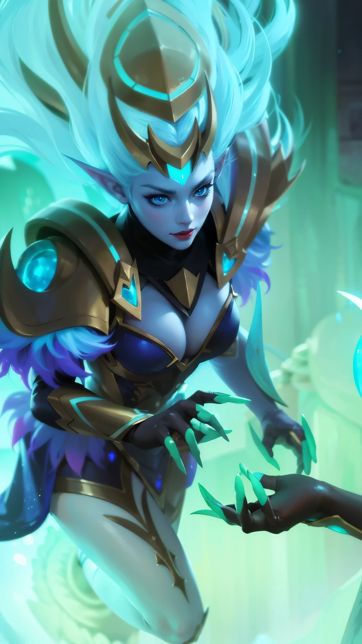 (female:1.2), 8k, ultra hd, ultra detailed texture, hyper realistic, masterpiece, detailed texture, detailed face, detailed skin, detailed lighting, (photorealistic:1.5), best quality, beautiful lighting, cinematic lighting, professional lighting, ultra highres, realistic, detailed hair, real hair, high quality, (realskin:1.5), extremely detailed, finely detail, ultra-detailed, 1girl, solo, elf, pointy ears, standing, demon horns, forehead protector, (blue eyes:1.5), v-shapped eyebrow, lips, red lips, evil smile, nose, make up, pretty, beautiful, long hair, blue hair, high ponytail, large breasts, cleavage, armpit, navel, stomach, black armor, pauldrons, bare shoulders, shoulder armor, thigh high, sleevless, detached sleeves, breastplate, gauntlets, karina \(mobile legends\), depth of field, looking aways, white skin, skin tight, amazing pose, outdoors, glowing, dark view