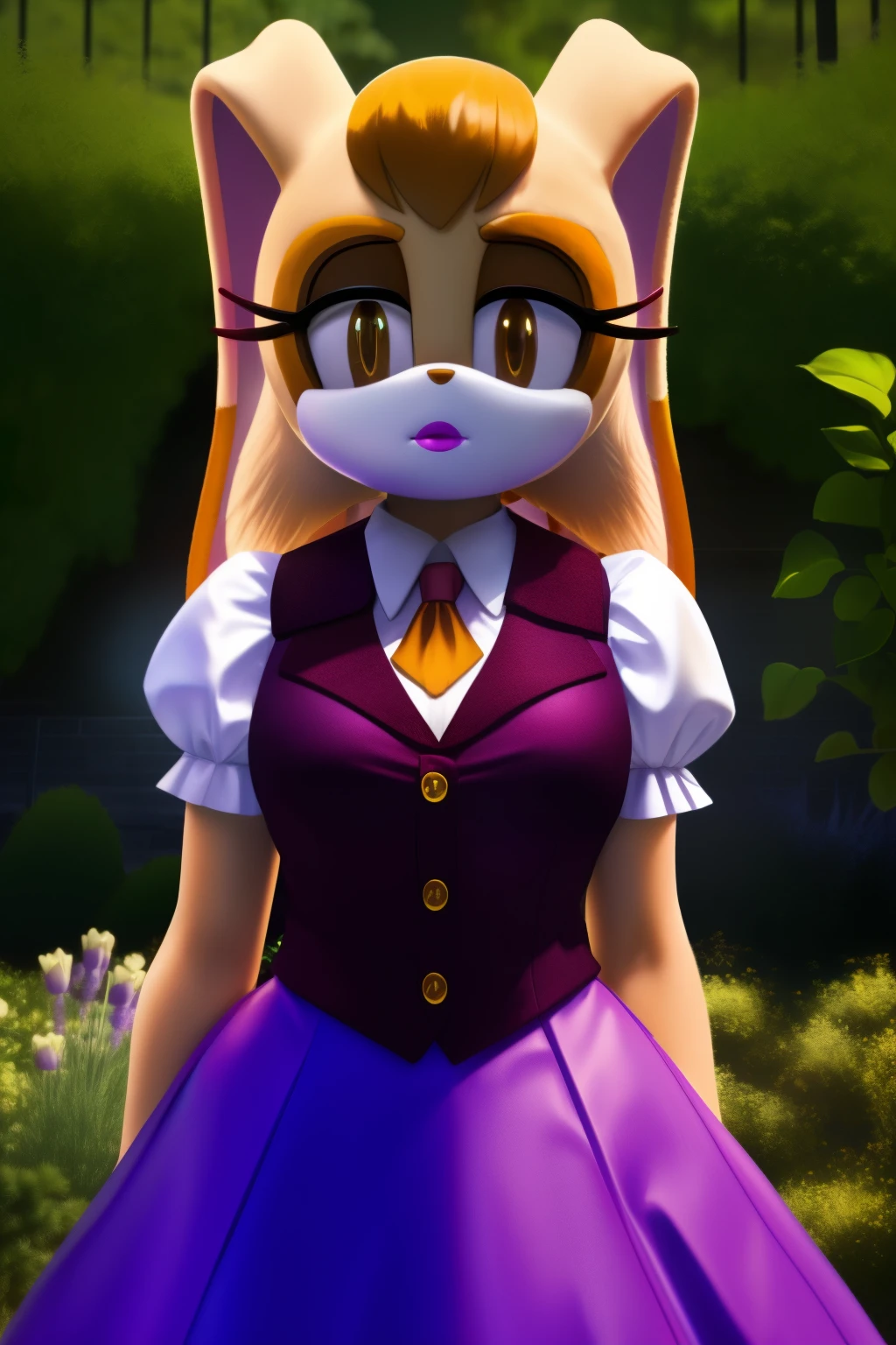 1girls,((Vanilla the rabbit:1.1)),android, long lavender dress with a white trim at the bottom of the puffy sleeves and the skirt, ((burgundy-fitted vest:1.2)), short sleeves, a blue ascot, empty eyes, glowing eyes, blank stare, controlled, white gloves with gold cufflinks, brown_hair, dipstick_ear, female, cleavage, female_solo, outdoors, garden, robotic, android,day, lipstick, looking at viewer, robot joints