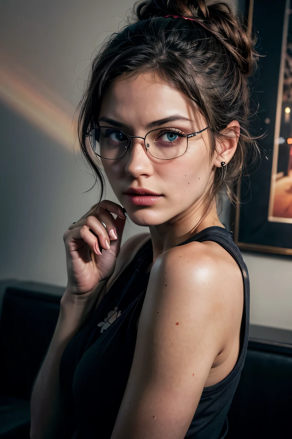 an alluring and beautiFul Female :1.1, she sits in Front oF her (Flash-art wall:1.4), (elle porte d'thick dark frame glasses, black t-shirt with anime graphic print, dark jeans, bandana dans les cheveux, a drilling) and looks intently at the camera (studio neon:1.1), smoky, (Rembrandt Lighting:0.9) ,(séance photo intime et détendue), beautiFul Face, slight smile, intense presence , confortable et détendu, nous attraper, beautiFul hands, des yeux gentils, superb warm lighting:1.4,, incredible details, ((high contrast)), (profond, ombres les plus sombres), (Details of the'ombre:1.0), ((prise avec un appareil photo Leica, Ouverture: F/2.3)) , hyper-Realistic skin, pores, Cicatrice, taupe, (she has dark hair pulled away From Face, tidy bun), maquillage des yeux charbonneux, ses bras se sont détendus , moment de détente, glow of natural light, (Romantic light:1.2), peau radiante, perFectly Framed Face, perFect relaxed hands, perFect Fingers, (perFect portrait, des yeux incroyables:1.1), a work oF art, beautiFul composition, nombre d'or, inspirant, (highest quality Fabric texture), Every detail,Fine Facial Features – (la plus haute qualité) ,Leica camera Film, High quality ○○ detailed – ○○ ultra detailed details(Ultra-Fine ), PhotoRealistic, extremely detailed(extremely detailed) , (Image with plus details, lens Flare, Realistic)○○ resolution – ○○ ultra high resolution(Une haute résolution)