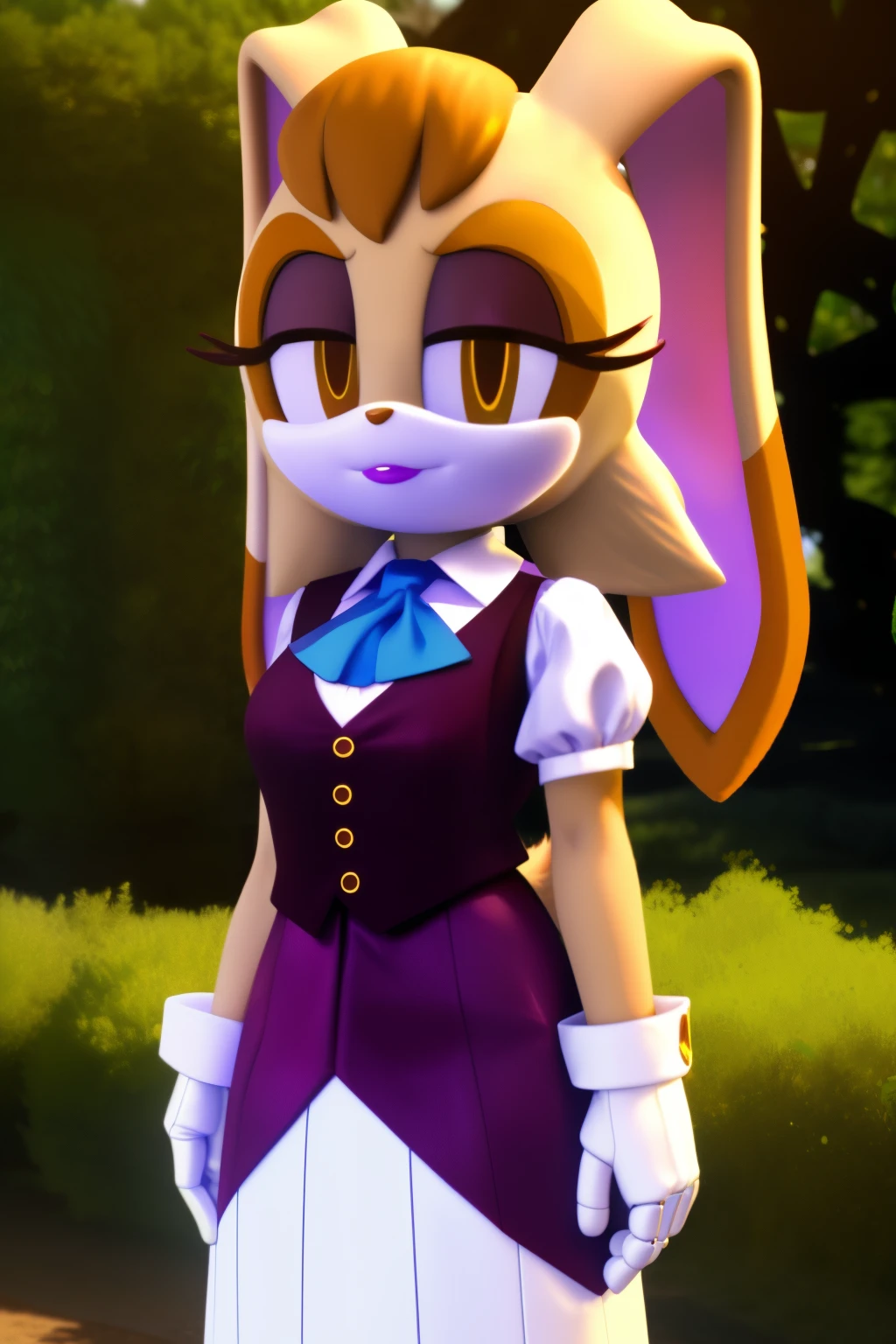 1girls,((Vanilla the rabbit:1.1)),android, long lavender dress with a white trim at the bottom of the puffy sleeves and the skirt, ((burgundy-fitted vest:1.2)), short sleeves, a blue ascot, empty eyes, glowing eyes, blank stare, controlled, white gloves with gold cufflinks, brown_hair, dipstick_ear, female, cleavage, female_solo, outdoors, garden, robotic, android,day, lipstick, looking at viewer, robot joints