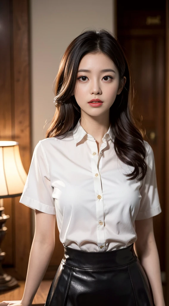 Japanese actress, Emily Suzuhara, masterpiece, Light makeup, Red lips, Red hair, Messy long hair, Pure background, fair, elegant. Extremely fine details, masterpieces, Realistic textures, Realistic cinematic lighting, Works perfectly, 8k, HD, Exquisite facial features, Black shirt, Black hip skirt，Curvy