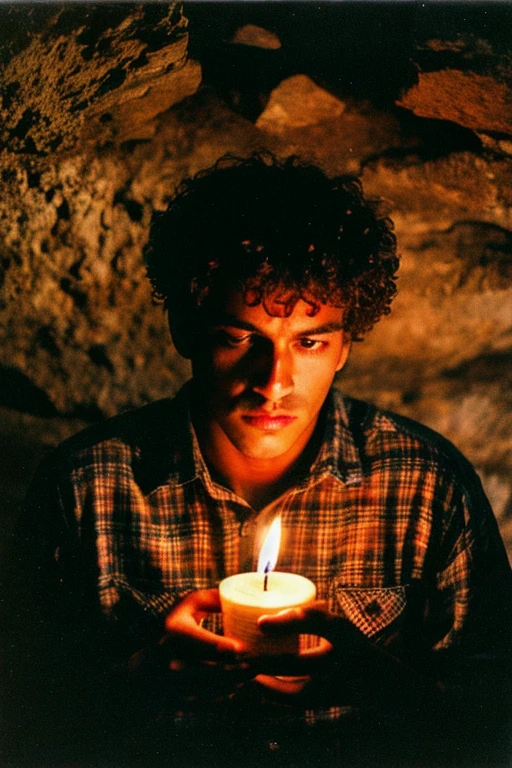photograph of a man, (troubled facial expression), textured skin, goosebumps, blonde afro hair, plaid flannel shirt with distressed boyfriend jeans, cowboy shot, dark and mysterious cave with unique rock formations and hidden wonders, perfect eyes, (candlelight,chiaroscuro), Porta 160 color, shot on ARRI ALEXA 65, bokeh, sharp focus on subject, shot by Don McCullin