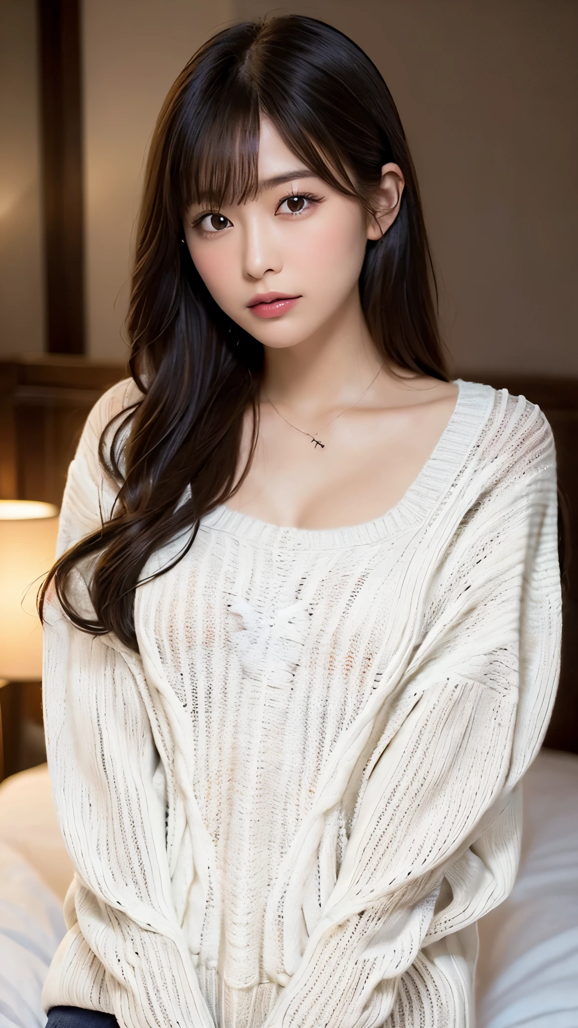 ((Wearing an oversized white virgin-killing sweater:1.5))、A beautiful and attractive 25-year-old Japanese woman, Perfect proportions, Big Breasts, valley,  The chest is wide open, ((Brown eyes, Beautiful eyelashes, Realistic eyes)), ((Detailed face, Blushing:1.2)),Long black hair, Lying in bed、Official Art，Highly detailed CG Unity 8k wallpaper, (masterpiece:1.0),(highest quality:1.0), photo shoot, 8k, Browsing Caution, High resolution, Kodak Portrait 400, Film Grain, Lens flare brilliance,View Audience