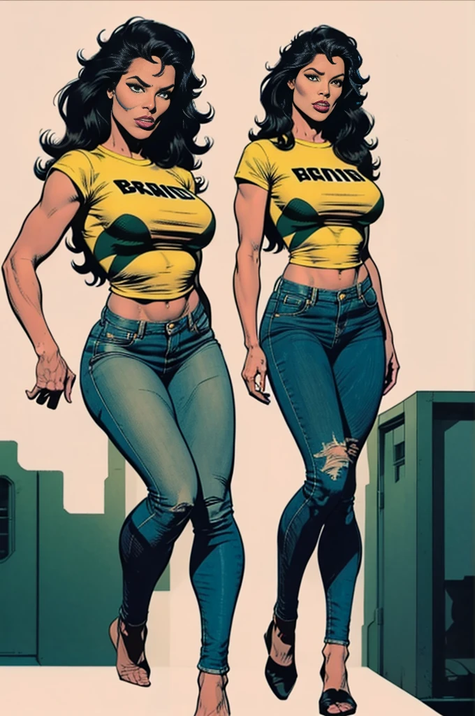 ((masterpiece)),(((best quality))),((character design sheet)), ((full body view)) ((black woman)), ((seductive eyes:1.4)), defined cheekbones, high cheekbones, illustration, muscular, ((gold:1.4)), (midriff cutout:1.2), sexy bimbo, (gigantic breasts:1.7) black Afro hair, ((detailed face:1.4)) beautiful woman, ((round Afro:1.4)), colored skin, ((black skin:1.4)) , (red lipstick:1.4), shiny skin, scribbles and marks,(puffy lips:1.4) ,(yellow disco outfit:1.3), bell bottom pants,open shirt, rough sketches, pose, 8k,16k, ( background, white background: 1.3), yellow arms, yellow legs, black torso, yellow and black color palette, ((beautiful face))