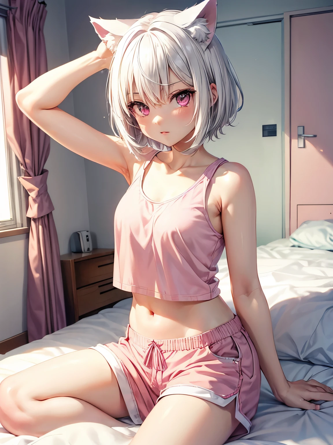 White hair. Short hair. anime girl. Pink eyes. Nekomimi. Pink tanktop. Short pants. 1girl. Bedroom.