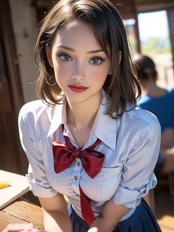 (best quality, 8k, photorealistic:1.5), (solo, one girl:1.5),(shine a bright light on women),(ultimate beautiful girl),(shiny skin),(oily skin),(blonde hair:1.3),(short hairstyle:1.3),(cool beauty),Blush brown makeup , dark eye makeup , use pink glossy lipstick,(big beady eyes girl:1.5),(droopy eyes girl:1.5),(blue eyes:1.5),(thin girl:1.5),(baby face girl:1.5),(sex appeal),(sweet smelling girl),(she works for low wages),(kind-hearted woman),(she has a nice smile),(woman with a happy look),(she is very sociable),(from a very poor family),(virgin girl),(She is a secret pervert.),(she covertly lewd),(she looks so erotic),chuuChloe,(woman with very soft breasts),(woman fantasizing about sex),(allurement),(impressive eyes:1.5),(clean girl),(affability),(cute smile),(good personality),(serious personality),(wants sex),(want to masturbate),(want to have sex forcibly),(relaxing time),(hair ornaments),(compassion),(impurity),(love filled),(get horny),(No love experience),(private room),(teenager),(school uniform costume play:1.5)