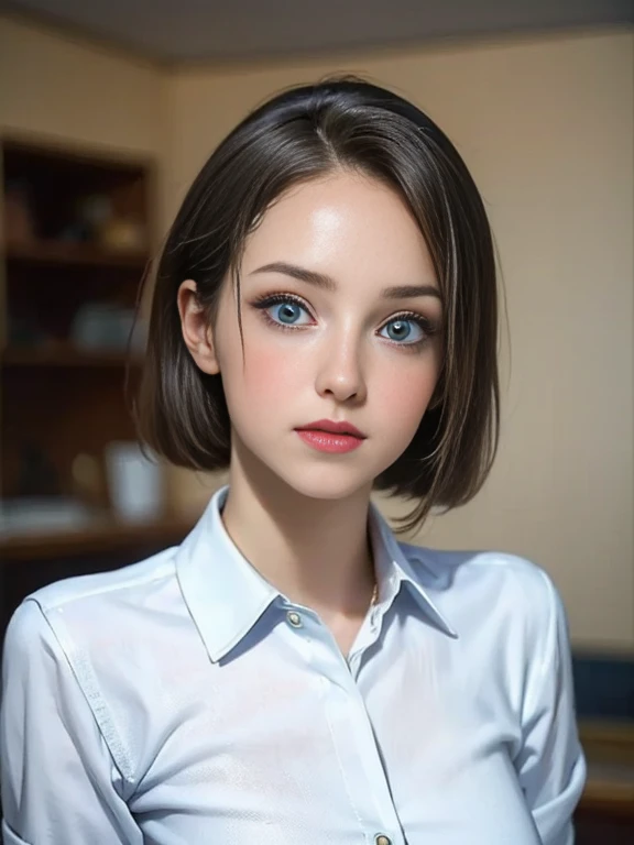 (best quality, 8k, photorealistic:1.5), (solo, one girl:1.5),(shine a bright light on women),(ultimate beautiful girl),(shiny skin),(oily skin),(blonde hair:1.3),(short hairstyle:1.3),(cool beauty),Blush brown makeup , dark eye makeup , use pink glossy lipstick,(big beady eyes girl:1.5),(droopy eyes girl:1.5),(blue eyes:1.5),(thin girl:1.5),(baby face girl:1.5),(sex appeal),(sweet smelling girl),(she works for low wages),(kind-hearted woman),(she has a nice smile),(woman with a happy look),(she is very sociable),(from a very poor family),(virgin girl),(She is a secret pervert.),(she covertly lewd),(she looks so erotic),chuuChloe,(woman with very soft breasts),(woman fantasizing about sex),(allurement),(impressive eyes:1.5),(clean girl),(affability),(cute smile),(good personality),(serious personality),(wants sex),(want to masturbate),(want to have sex forcibly),(relaxing time),(hair ornaments),(compassion),(impurity),(love filled),(get horny),(No love experience),(private room),(teenager),(school uniform costume play:1.5)