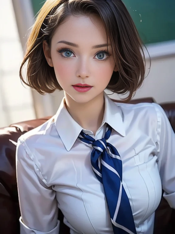 (best quality, 8k, photorealistic:1.5), (solo, one girl:1.5),(shine a bright light on women),(ultimate beautiful girl),(shiny skin),(oily skin),(blonde hair:1.3),(short hairstyle:1.3),(cool beauty),Blush brown makeup , dark eye makeup , use pink glossy lipstick,(big beady eyes girl:1.5),(droopy eyes girl:1.5),(blue eyes:1.5),(thin girl:1.5),( girl:1.5),(sex appeal),(sweet smelling girl),(she works for low wages),(kind-hearted woman),(she has a nice smile),(woman with a happy look),(she is very sociable),(from a very poor family),(virgin girl),(She is a secret pervert.),(she covertly lewd),(she looks so erotic),chuuChloe,(woman with very soft breasts),(woman fantasizing about sex),(allurement),(impressive eyes:1.5),(clean girl),(affability),(cute smile),(good personality),(serious personality),(wants sex),(want to masturbate),(want to have sex forcibly),(relaxing time),(hair ornaments),(compassion),(impurity),(love filled),(get horny),(No love experience),(private room),(teenager),(school uniform costume play:1.5)
