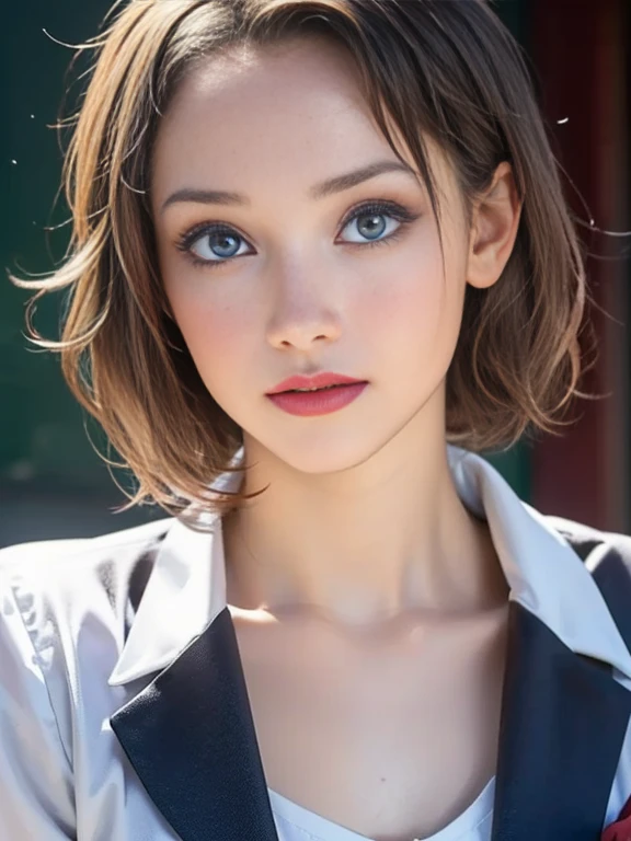 (best quality, 8k, photorealistic:1.5), (solo, one girl:1.5),(shine a bright light on women),(ultimate beautiful girl),(shiny skin),(oily skin),(blonde hair:1.3),(short hairstyle:1.3),(cool beauty),Blush brown makeup , dark eye makeup , use pink glossy lipstick,(big beady eyes girl:1.5),(droopy eyes girl:1.5),(blue eyes:1.5),(thin girl:1.5),( girl:1.5),(sex appeal),(sweet smelling girl),(she works for low wages),(kind-hearted woman),(she has a nice smile),(woman with a happy look),(she is very sociable),(from a very poor family),(virgin girl),(She is a secret pervert.),(she covertly lewd),(she looks so erotic),chuuChloe,(woman with very soft breasts),(woman fantasizing about sex),(allurement),(impressive eyes:1.5),(clean girl),(affability),(cute smile),(good personality),(serious personality),(wants sex),(want to masturbate),(want to have sex forcibly),(relaxing time),(hair ornaments),(compassion),(impurity),(love filled),(get horny),(No love experience),(private room),(teenager),(school uniform costume play:1.5)